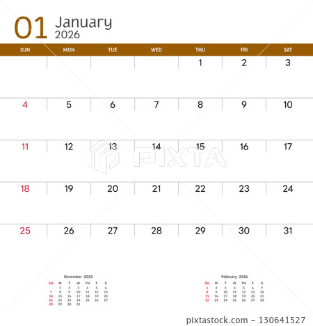 January 2026 Calendar. Week start on Sunday. Desk calendar 2026 design, simple and clean design, Wall calendar for print, digital calendar, Corporate design planner template vector. 130641527