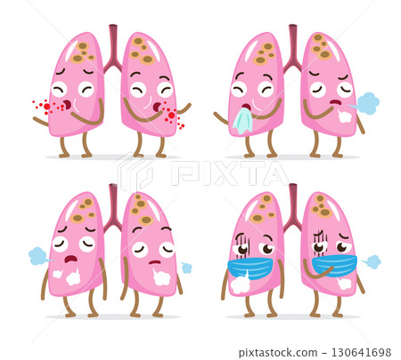 Set of pulmonary tuberculosis . TB lung cartoon characters . Mycobacterium tuberculosis bacteria infected in apex of both lung . Isolated white background . Vector . 130641698