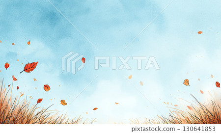 Illustration material of autumn grassland and fallen leaves dancing in the blue sky (watercolor style, background) 130641853