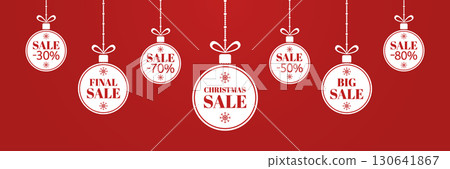 Christmas balls with big sale sign. Special offer emblem. Winter Holiday hanging price design element. Xmas baubles with snowflakes on red bg. Season labels. New year card. Vector illustration 130641867
