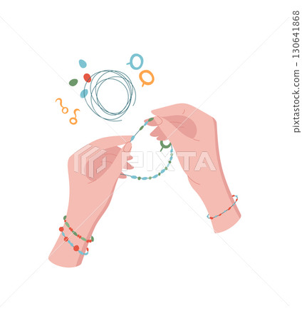 Hands making colorful bracelet with beads in a creative craft activity. Concept of DIY and hobby supplies, flat cartoon graphic style, suitable for workshops or children's classes. 130641868