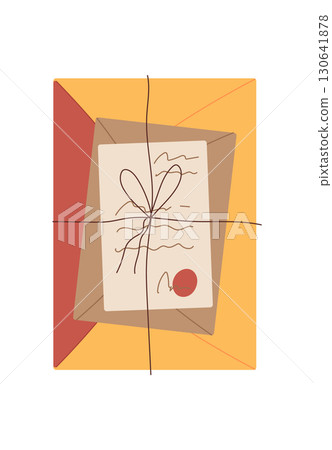 Handwritten letter and vintage envelope with seal, accompanied by a postcard and note. Concept of love, communication, correspondence, flat cartoon graphic style, ideal for romantic invitations Handwritten letter and vintage envelope with seal, accompanied by a postcard and note. Concept of love, communication, correspondence, flat cartoon graphic style, ideal for romantic invitations 130641878