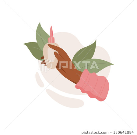 Woman holding a bottle of organic lotion with hand in the background. Beauty product for skincare and body care, eco cosmetic, flat style, suitable for spa and wellness themes. Woman holding a bottle of organic lotion with hand in the background. Beauty product for skincare and body care, eco cosmetic, flat style, suitable for spa and wellness themes. 130641894