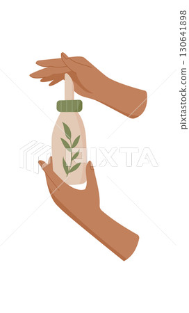 Flat colorful hand holds skin care product bottle, trendy minimal bodycare shampoo tube, cartoon moisturizing cosmetic lotion jar, isolated natural hygiene oil pack, vector illustration. 130641898