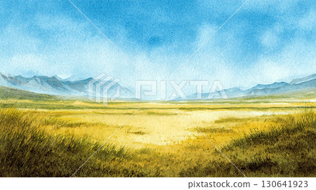 草原和山地景觀插圖（水彩風格、自然、背景） 130641923