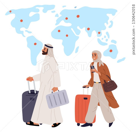 Arab man and woman in national muslim dress traveling with suitcases. Arabian plane passengers. Airline terminal. Saudi man and woman carrying baggage. Tourism location. Vector concept 130642058