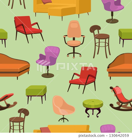 Armchairs and sofas. Home interior seamless pattern. Upholstered furniture. Repeated print. Wooden chairs. Room furnishing. Stools and ottomans. Comfortable lounges. Vector background Armchairs and sofas. Home interior seamless pattern. Upholstered furniture. Repeated print. Wooden chairs. Room furnishing. Stools and ottomans. Comfortable lounges. Vector background 130642059