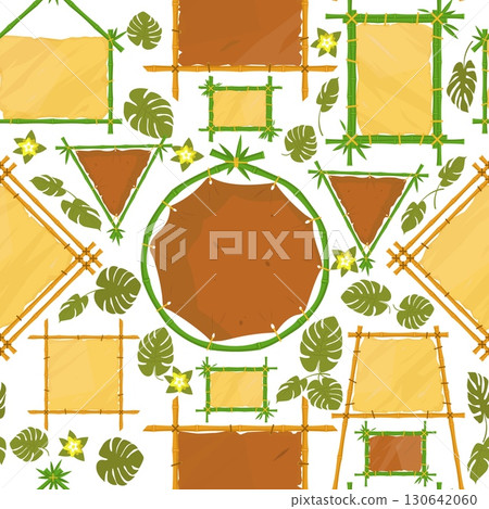 Bamboo frames or stencils with leather or paper stretched over them. Tropical seamless pattern. Jungle empty signboards. Repeated print. Tied tree trunks. Summer beach. Vector background Bamboo frames or stencils with leather or paper stretched over them. Tropical seamless pattern. Jungle empty signboards. Repeated print. Tied tree trunks. Summer beach. Vector background 130642060
