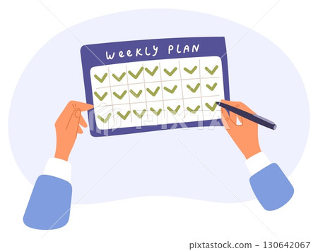 Businessman marks fulfillment of weekly plan in special work calendar view from above. Completed goals. Hands putting checkmark. Reminders schedule. Finished task mark. Vector concept 130642067