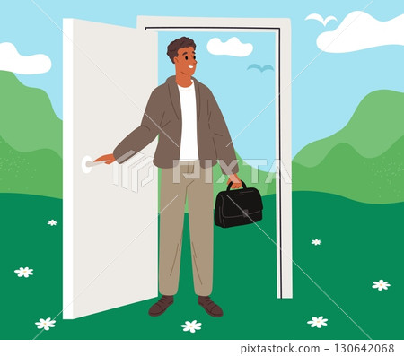 Businessman walks through open door. Opening new opportunities and prospects. Man standing at doorway to future. Outside way to imagination and hope. Inspiration path. Vector concept 130642068