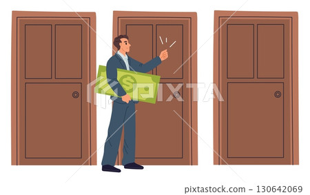 Businessman with green dollar bill knocking on yet another closed door. Man looking for new business. Investor choosing way for money. Thinking about savings investment. Vector concept Businessman with green dollar bill knocking on yet another closed door. Man looking for new business. Investor choosing way for money. Thinking about savings investment. Vector concept 130642069