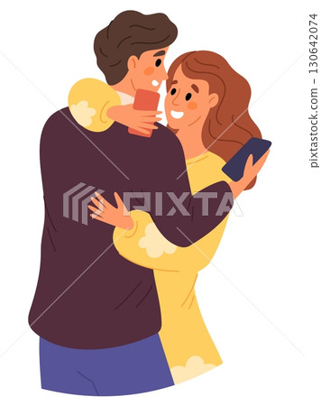 Couple hugs each other but looks at cellphones. Man and woman embrace. Addicted people cuddling and looking at phone screens. Relationship problem. Vector concept of social media addiction 130642074