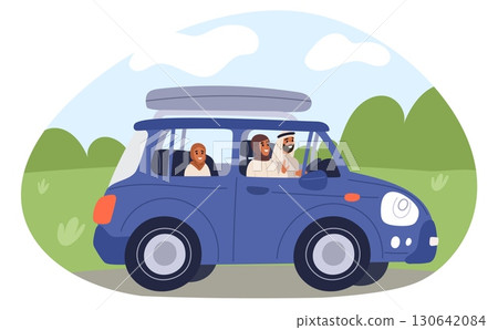Happy Muslim family in national dress rides in car on vacation. Summer automobile travel. Arabian driver and auto passengers. Arab parents with children. Vehicle side view. Vector concept Happy Muslim family in national dress rides in car on vacation. Summer automobile travel. Arabian driver and auto passengers. Arab parents with children. Vehicle side view. Vector concept 130642084