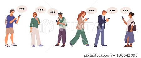 Men and women with cell phones in hand communicate and text. People call and send messages with smartphones. Chat speech bubbles. Mobile messenger dialogue. Vector isolated persons set Men and women with cell phones in hand communicate and text. People call and send messages with smartphones. Chat speech bubbles. Mobile messenger dialogue. Vector isolated persons set 130642095