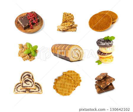 Assorted cakes set isolated. Many biscuit desserts, sweet bakery collage, cookie collection 130642102