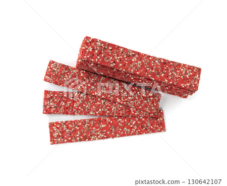 Beetroot crackers, thin rusk beet root bread, red diet multigrain crispbread, various seeds 130642107
