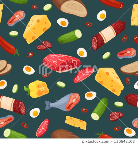 Pieces of cut up food. Grocery products seamless pattern. Meat fillet. Salmon fish. Sausage and cheese. Repeated cooking print. Bread with egg. Cucumber or pepper slices. Vector background 130642108