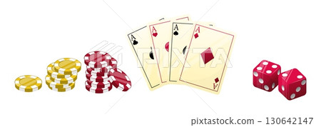 Playing card suits. Casino chips. Poker ace. Vegas casino gamble. Dice cube. Betting jackpot tokens. Gaming spade. Fortune game deck. Roulette wager coin. Vector isolated gambling set Playing card suits. Casino chips. Poker ace. Vegas casino gamble. Dice cube. Betting jackpot tokens. Gaming spade. Fortune game deck. Roulette wager coin. Vector isolated gambling set 130642147