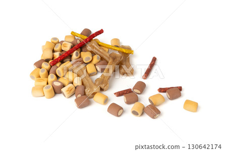 Assorted dog kibble, many canine food, different color dry pet food mix, various dog snack pile Assorted dog kibble, many canine food, different color dry pet food mix, various dog snack pile 130642174
