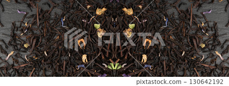 Flavored Black Tea Leaves Pile Texture, High Quality Black Tea Pile with Fruits and Flowers, Dry Tea Leaves 130642192