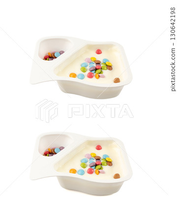 Yogurt cup isolated, yoghurt in plastic pot, milk pudding container, dairy food small package Yogurt cup isolated, yoghurt in plastic pot, milk pudding container, dairy food small package 130642198