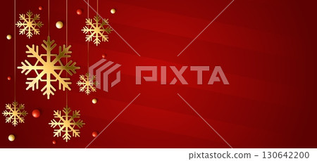 Realistic Christmas red background with golden snowflakes. Winter decoration. Xmas gold garland. Snow shapes. Abstract figure. New Year frost. December holiday. Vector blank banner Realistic Christmas red background with golden snowflakes. Winter decoration. Xmas gold garland. Snow shapes. Abstract figure. New Year frost. December holiday. Vector blank banner 130642200