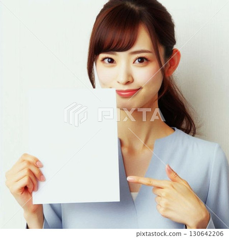 Young woman pointing at a white piece of paper 130642206