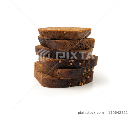 Black rye bread isolated, dark brown sliced loaf, sourdough borodinsky rugbrod square slices Black rye bread isolated, dark brown sliced loaf, sourdough borodinsky rugbrod square slices 130642221
