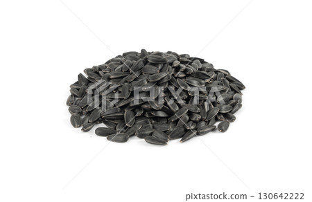 Sunflower seeds pile isolated, black oil sun flower grains group with shell, fresh edible oil seeds heap Sunflower seeds pile isolated, black oil sun flower grains group with shell, fresh edible oil seeds heap 130642222