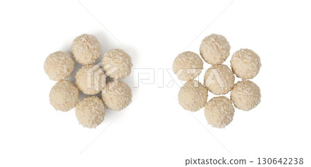 Coconut candies isolated, coco balls set. White truffle ball, indian ladoo or laddu with sweet cream 130642238