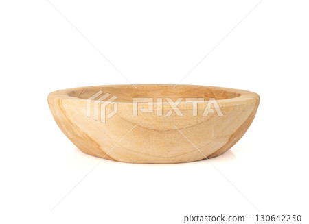 Empty wood bowl isolated, plate on white background, light rustic dish mockup 130642250
