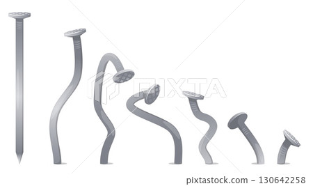 Straight and bent metal nail. Hobnails hammering process steps. Broken pins. Hardware insulated on white background. Industrial tools. Building bolts. Carpentry curved fasteners vector set Straight and bent metal nail. Hobnails hammering process steps. Broken pins. Hardware insulated on white background. Industrial tools. Building bolts. Carpentry curved fasteners vector set 130642258