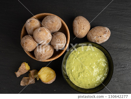 Red mojo rojo and green mojo verde sauces, traditional Tenerife dips, mojo picon dressing 130642277