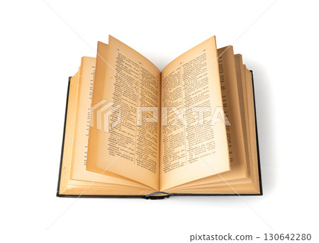 Old book stack pages texture. Vintage books background, antique library collection closeup Old book stack pages texture. Vintage books background, antique library collection closeup 130642280