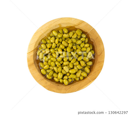 Edamame beans isolated. Green soy bean pile, cooked young soybean, boiled Japanese pea 130642297