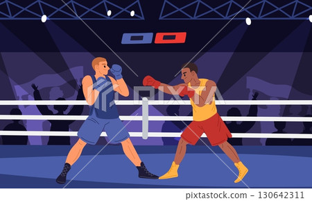 Two boxers fighting each other in boxing ring. Athletic tournament. Kickboxers championship. Professional fighters. Uppercut beat. Kickboxing sparring with opponents. Vector concept 130642311