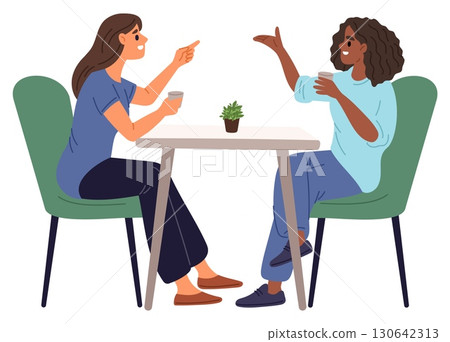 Two fun girl friends relaxing in cafe. Women drinking coffee and chatting. People sitting together at table. Girlfriends communication. Females meeting. Discussing gossips. Vector concept 130642313