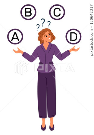 Woman chooses between plan options. Business way direction choice. Female selecting strategy. Confused girl thinking about dilemma. Thoughtful person searching solution. Vector concept Woman chooses between plan options. Business way direction choice. Female selecting strategy. Confused girl thinking about dilemma. Thoughtful person searching solution. Vector concept 130642317