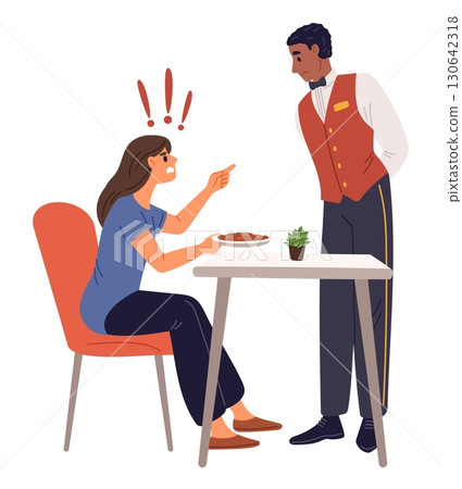 Woman is dissatisfied with quality of food in cafe. Girl yells at waiter for bad service. Conflict in restaurant. Angry client shouting. Displeased female sitting at table. Vector concept 130642318