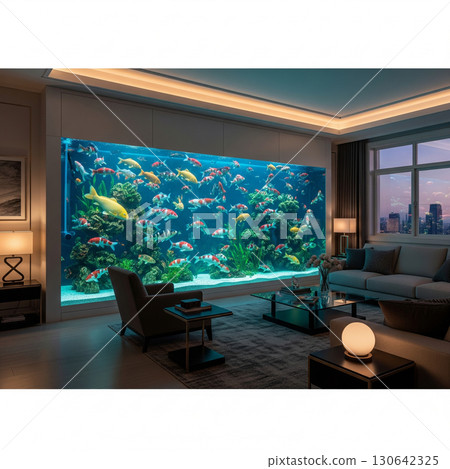 The aquarium in the living room seen from the lounge 130642325