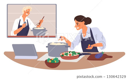 Woman learns how to cook food from video lesson. Online recipe. Girl cooking soup at kitchen and watching vlog at laptop screen. Culinary course. Meal preparation teaching. Vector concept 130642329