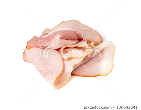 Baked Pork Slices Isolated, Roasted Sliced Loin, Tenderloin Ham Pieces, Boiled Meat Fillet Cuts Baked Pork Slices Isolated, Roasted Sliced Loin, Tenderloin Ham Pieces, Boiled Meat Fillet Cuts 130642341