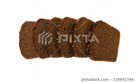 Black rye bread isolated, dark brown sliced loaf, sourdough borodinsky rugbrod square slices 130642346