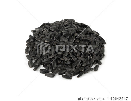 Sunflower seeds pile isolated, black oil sun flower grains group with shell, fresh edible oil seeds heap Sunflower seeds pile isolated, black oil sun flower grains group with shell, fresh edible oil seeds heap 130642347
