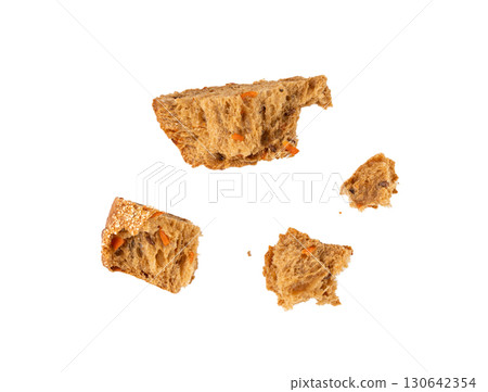 Broken wheat brown bread pieces isolated, fitness pumpkin carrot buns with seeds, cereal bread Broken wheat brown bread pieces isolated, fitness pumpkin carrot buns with seeds, cereal bread 130642354