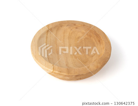 Empty wood bowl isolated, plate on white background, light rustic dish mockup 130642375