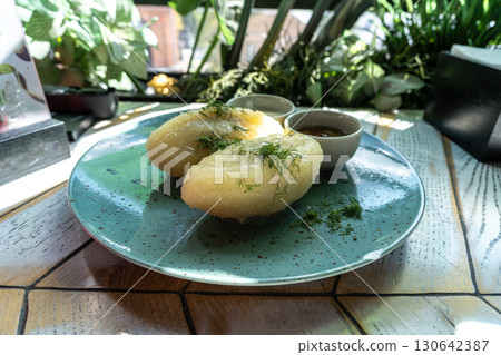Lithuanian potato dumplings, cepelinai pancakes or kolduny, meat stuffed draniki, traditional didzkukuliai 130642387