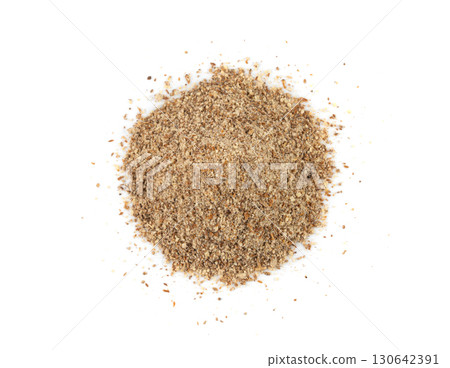 Milk thistle seeds powder, crushed silybum marianum grains pile, milled dry blessed milkthistle 130642391