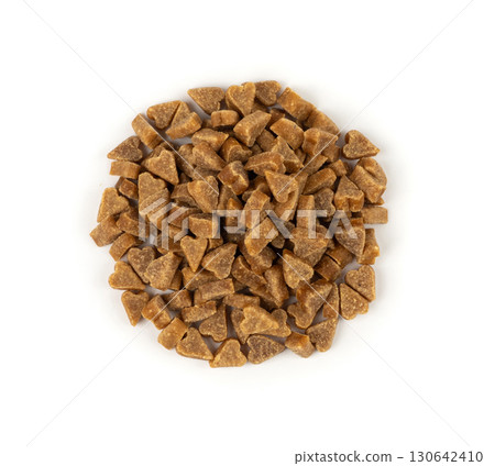 Mini pet food shaped like hearts isolated, small dogs crunchy treats pile, flavored brown dry kibble Mini pet food shaped like hearts isolated, small dogs crunchy treats pile, flavored brown dry kibble 130642410