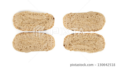 Focaccia flatbread isolated. Simple empty Afocaccia for panini, minimal Italian oblong bread Focaccia flatbread isolated. Simple empty Afocaccia for panini, minimal Italian oblong bread 130642518